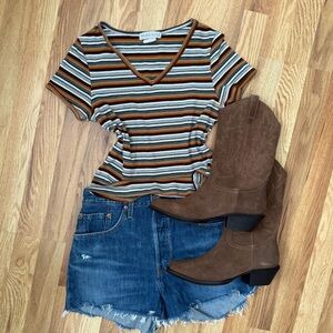 Vintage 90s Madknits Earth Tone Striped Ribbed Baby Tee